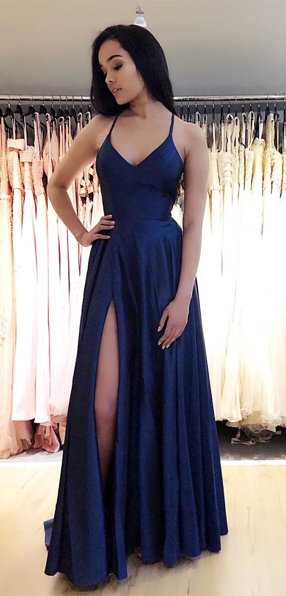 Sexy Navy Prom Dress Slit Skirt, Evening Dress,Graduation School Party Gown