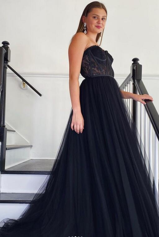 Strapless Black Prom Dresses Long, Sexy Graduation School Party Gown