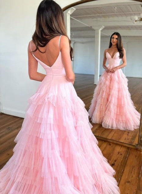 Unique Long Prom Dress Deep V Neckline with Ruffle Skirt