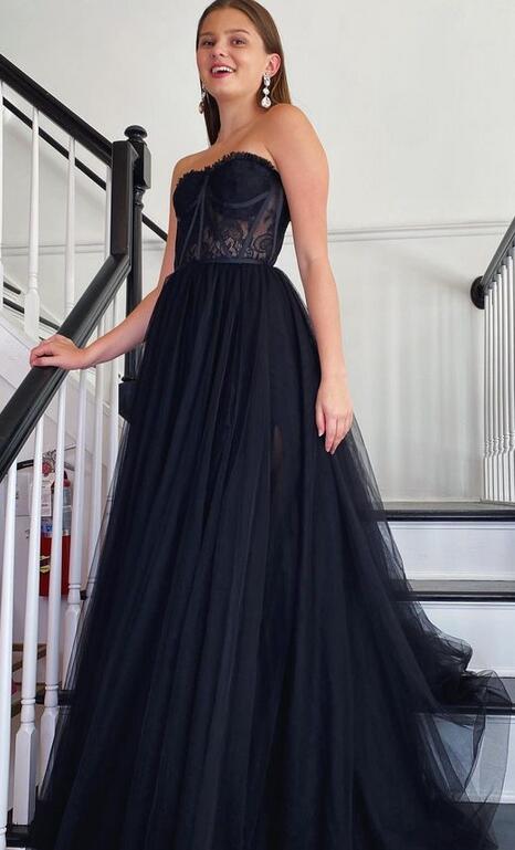 Strapless Black Prom Dresses Long, Sexy Graduation School Party Gown