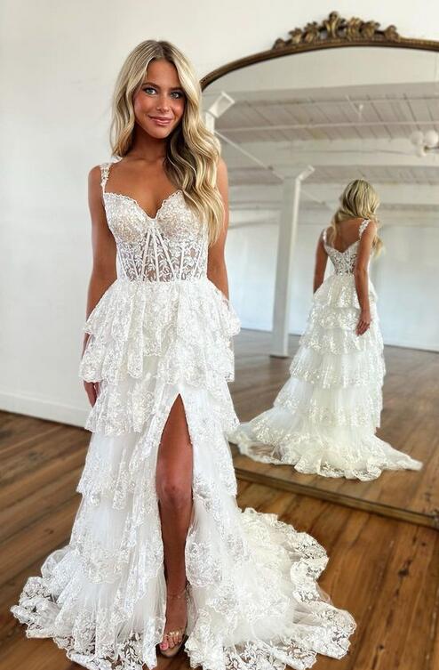 Tulle Sequin Long Prom dress with Sheer Corset Bodice and Ruffle Skirt, Wedding Dress