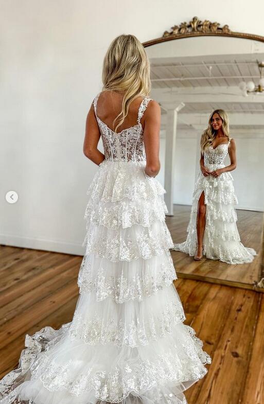 Tulle Sequin Long Prom dress with Sheer Corset Bodice and Ruffle Skirt, Wedding Dress