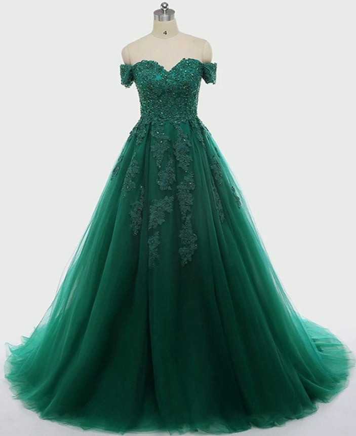 Green Prom Dress Off The Shoulder Straps, Prom Dresses, Pageant Dress, Evening Dress, Ball Dance Dresses, Graduation School Party Gown