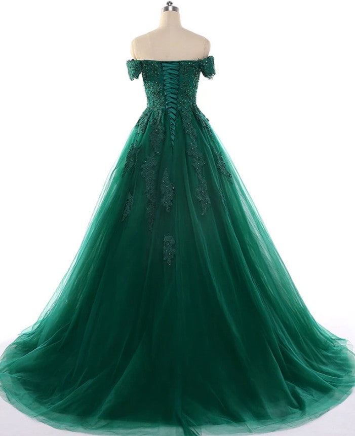 Green Prom Dress Off The Shoulder Straps, Prom Dresses, Pageant Dress, Evening Dress, Ball Dance Dresses, Graduation School Party Gown