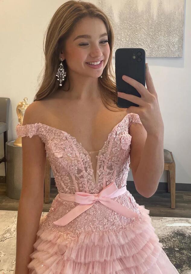 2024 Off the Shoulder Prom Dresses Long with Lace Top and Ruffle Skirt