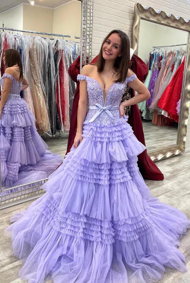 2024 Off the Shoulder Prom Dresses Long with Lace Top and Ruffle Skirt