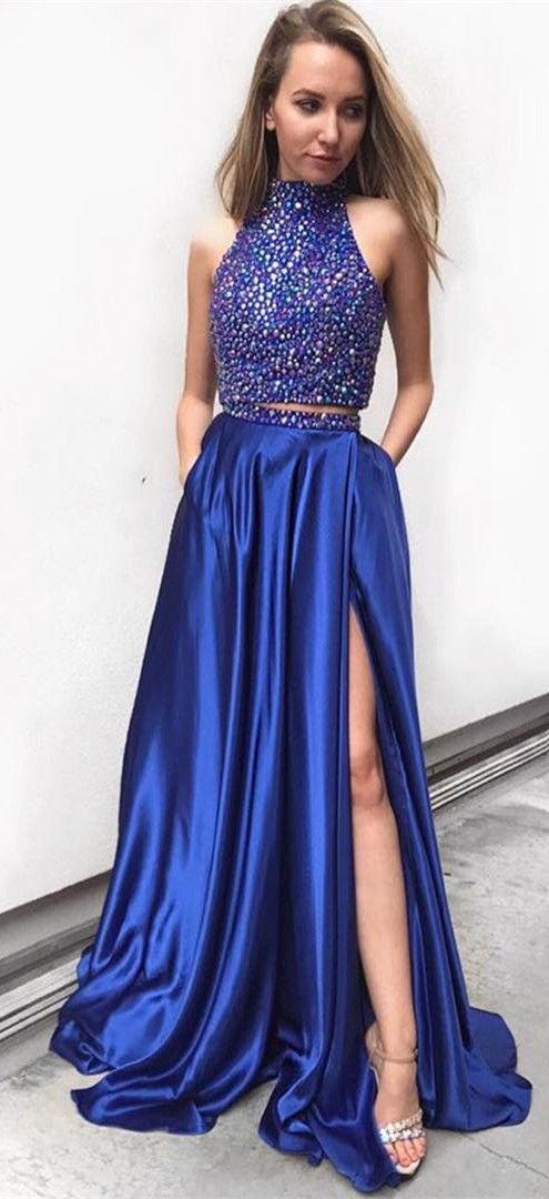 Royal Blue Prom Dress Halter Neckline, Prom Dresses, Evening Gown, Graduation School Party Dress, Winter Formal Dress