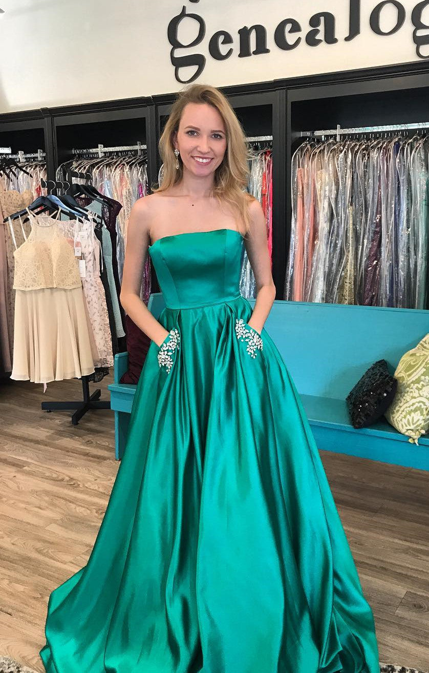 green prom dress with pockets Green Simple Satin Prom Dress with Pocket A Line Graduation Dresses for Juniors APD3436