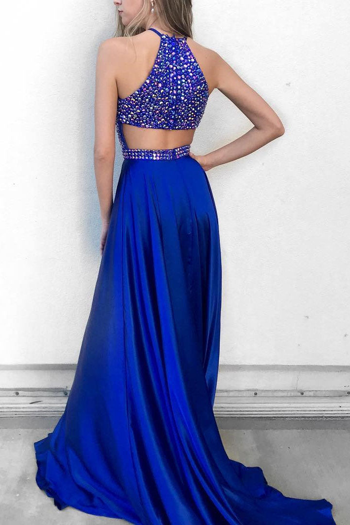 Royal Blue Prom Dress Halter Neckline, Prom Dresses, Evening Gown,Graduation School Party Gown, Winter Formal Dress