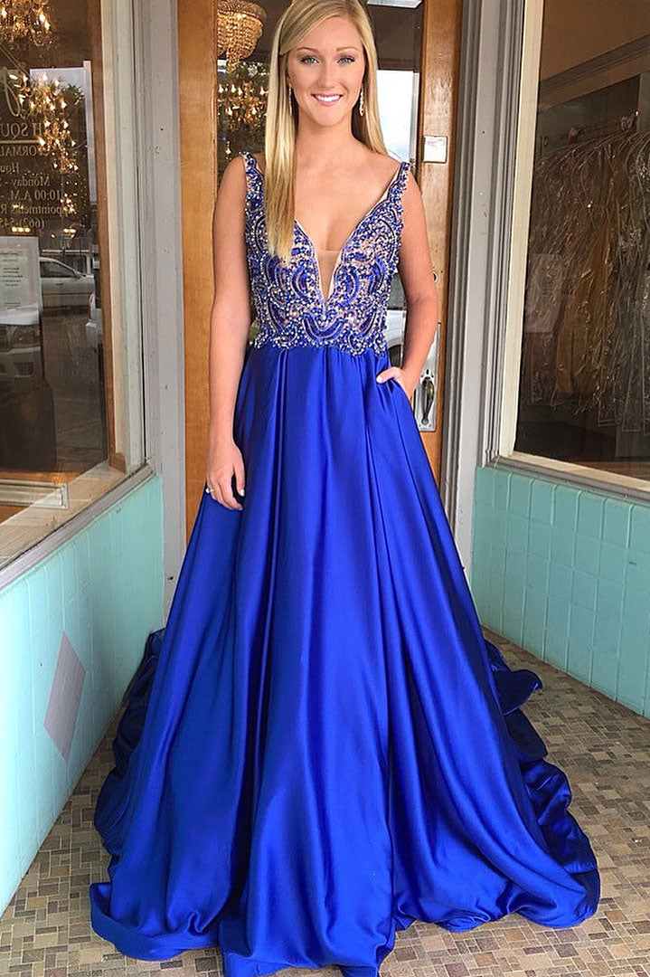 Royal Blue Prom Dress Deep V Back, Evening Dress, Dance Dresses, Graduation School Party Gown, DT0348