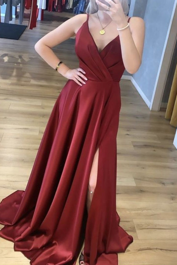 Burgundy Satin Prom Dress Long, Dance Dresses, Graduation School Party Gown