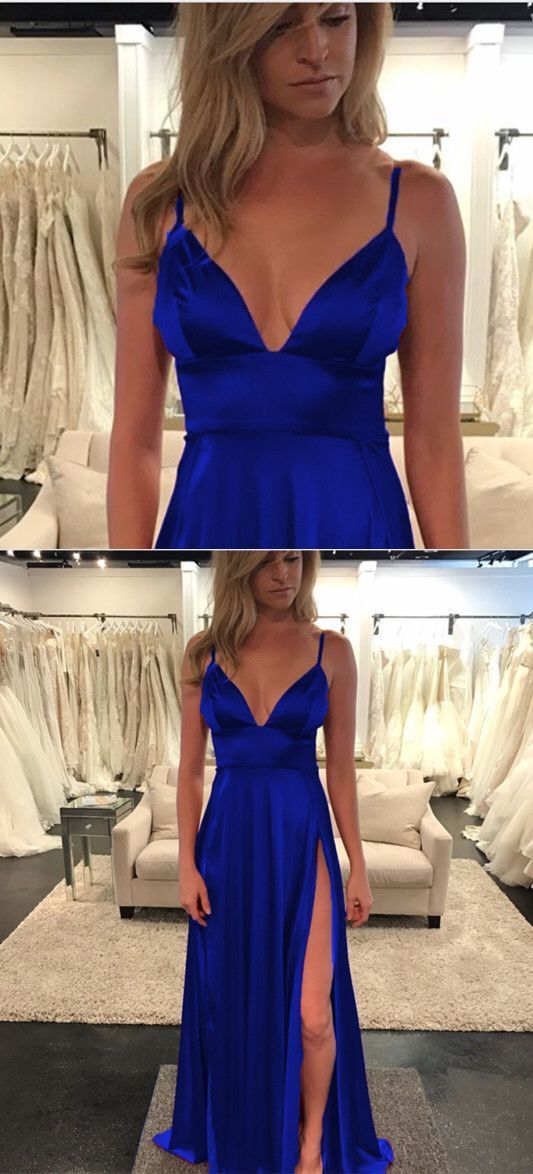 Blue Prom Dress Slit Skirt, Dance Dresses, Graduation School Party Gown