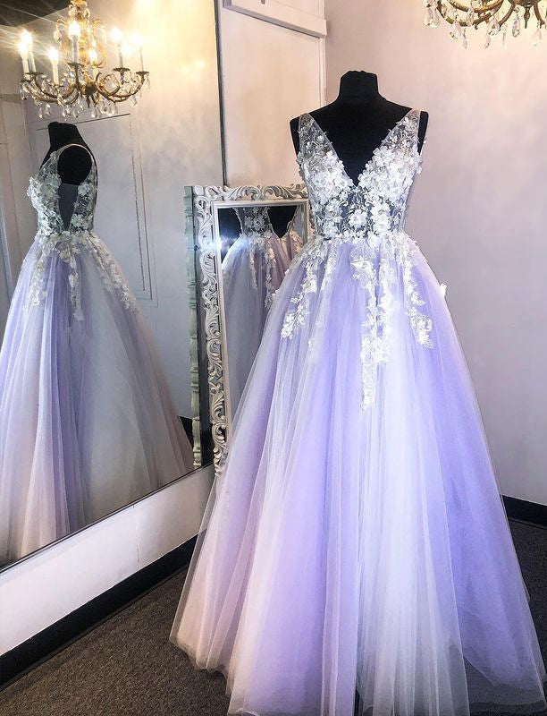V-neck Tulle Long Prom Dress with Appliques and Beading,Prom Dresses,Pageant Dress