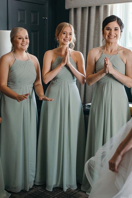 A-line Halter Sage Chiffon Bridesmaid Dress,Formal Dress,Wedding Party Dresses