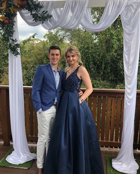 Navy Prom Dress V Neckline, Evening Dress, Formal Dresses, Graduation School Party Dance Dress, DT0368