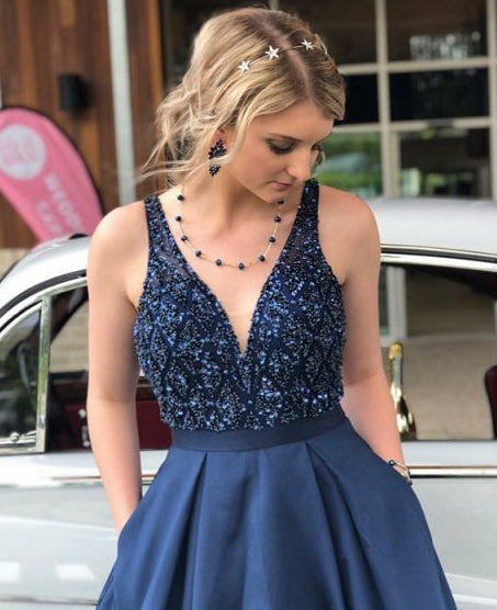 Navy Prom Dress V Neckline, Evening Dress, Formal Dresses, Graduation School Party Dance Dress, DT0368