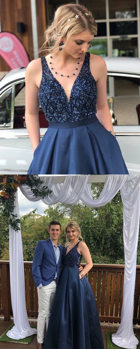 Navy Prom Dress V Neckline, Evening Dress, Formal Dresses, Graduation School Party Dance Dress, DT0368