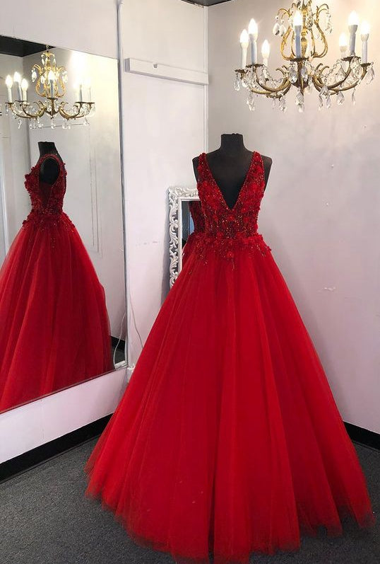 V-neck Tulle Long Prom Dress with Appliques and Beading,Prom Dresses,Pageant Dress