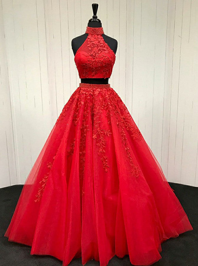 Two Pieces Prom Dress Halter Neckline, Dresses For Graduation Party, Evening Dress,