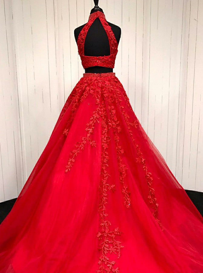Two Pieces Prom Dress Halter Neckline, Dresses For Graduation Party, Evening Dress,