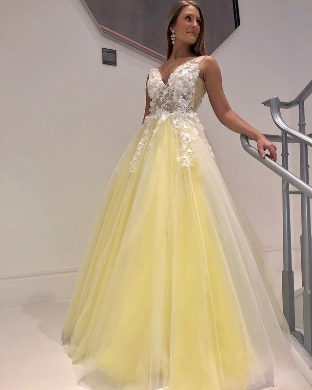 V-neck Tulle Long Prom Dress with Appliques and Beading,Prom Dresses,Pageant Dress