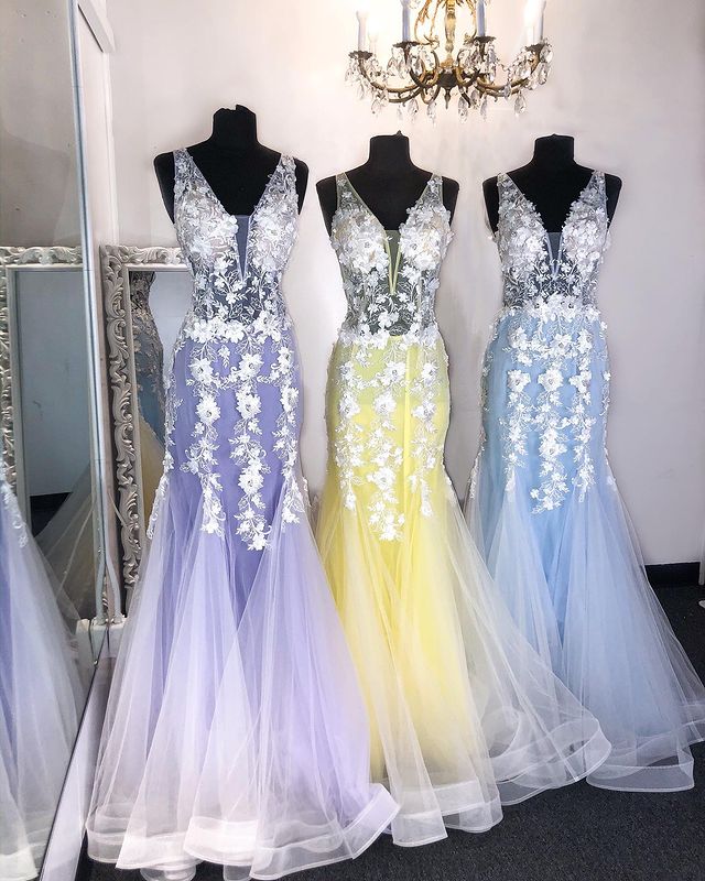 Mermaid Tulle Long Prom Dress with Appliques and Beading,Prom Dresses,Pageant Dress