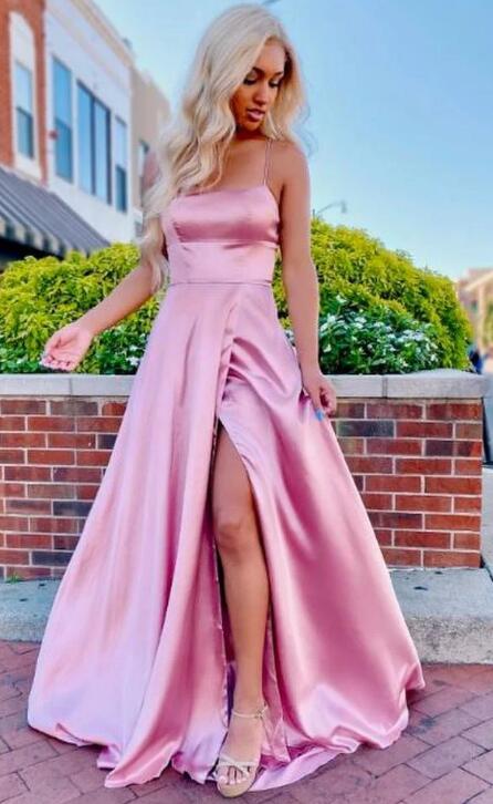 Straps Simple Satin Long Prom Dresses with Slit