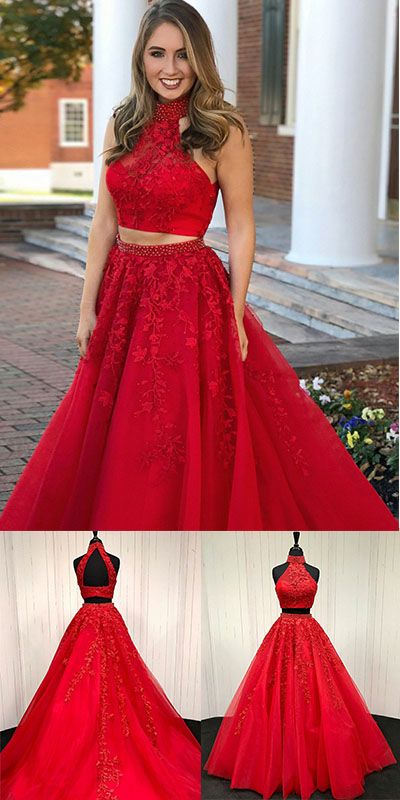 Two Pieces Prom Dress Halter Neckline, Dresses For Graduation Party, Evening Dress,