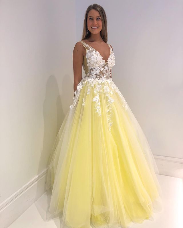 V-neck Tulle Long Prom Dress with Appliques and Beading,Prom Dresses,Pageant Dress