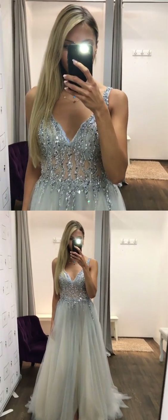 Sheer Top Prom Dress with Slit, Ball Gown, Dresses For Party, Evening Dress, Formal Dress