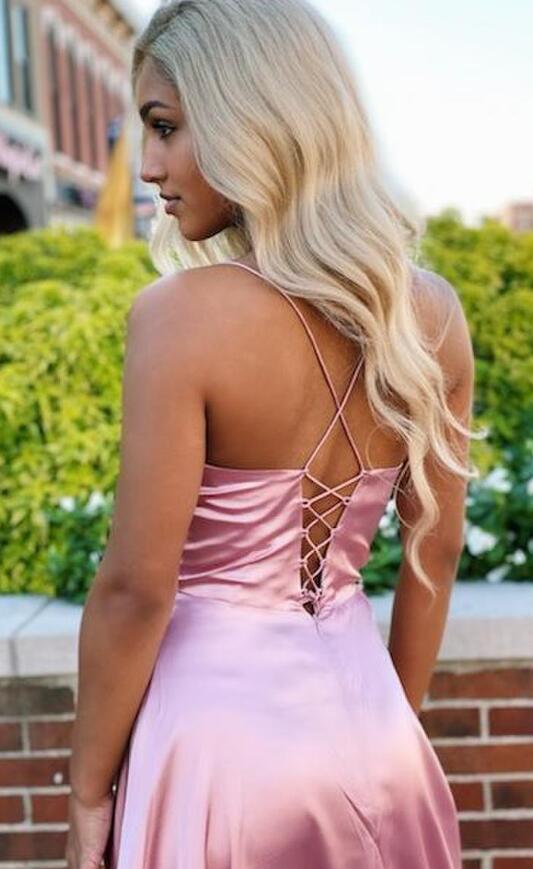 Straps Simple Satin Long Prom Dresses with Slit