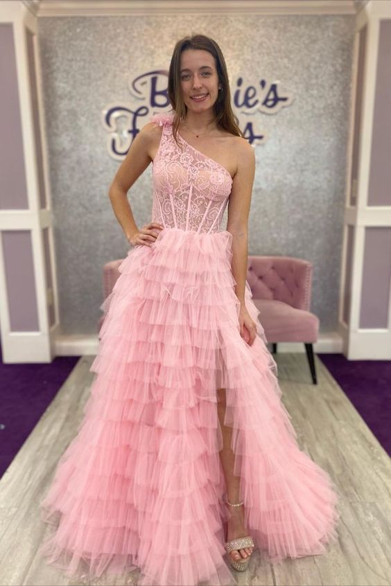 One Shoulder Tulle Long Prom Dress with Lace Bodice and Slit