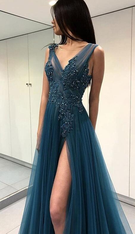 A-line Appliqued Prom Dress Long, Evening Dress, Dance Dresses, Graduation School Party Gown