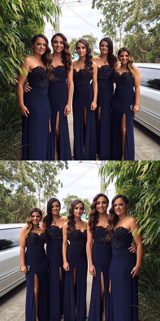 Navy Bridesmaid Dresses with Slit, Bridesmaid Dress For Wedding