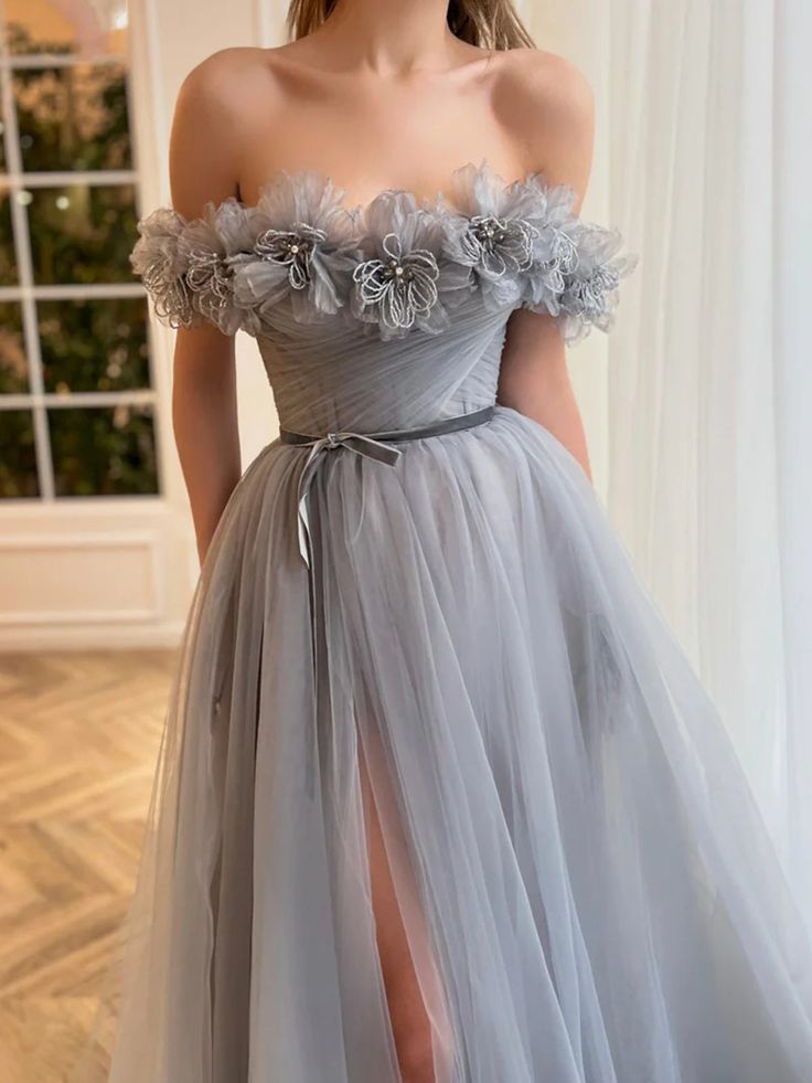 Off the Shoulder Tulle Prom Dresses Long with Flowers and Slit