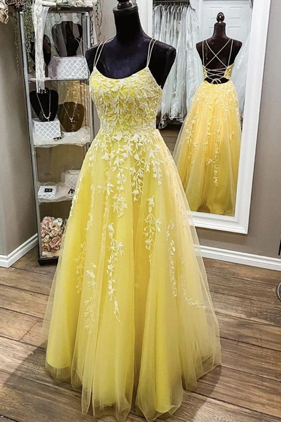 Yellow Lace Prom Dress, Evening Dress, Formal Dress, Dance Dresses