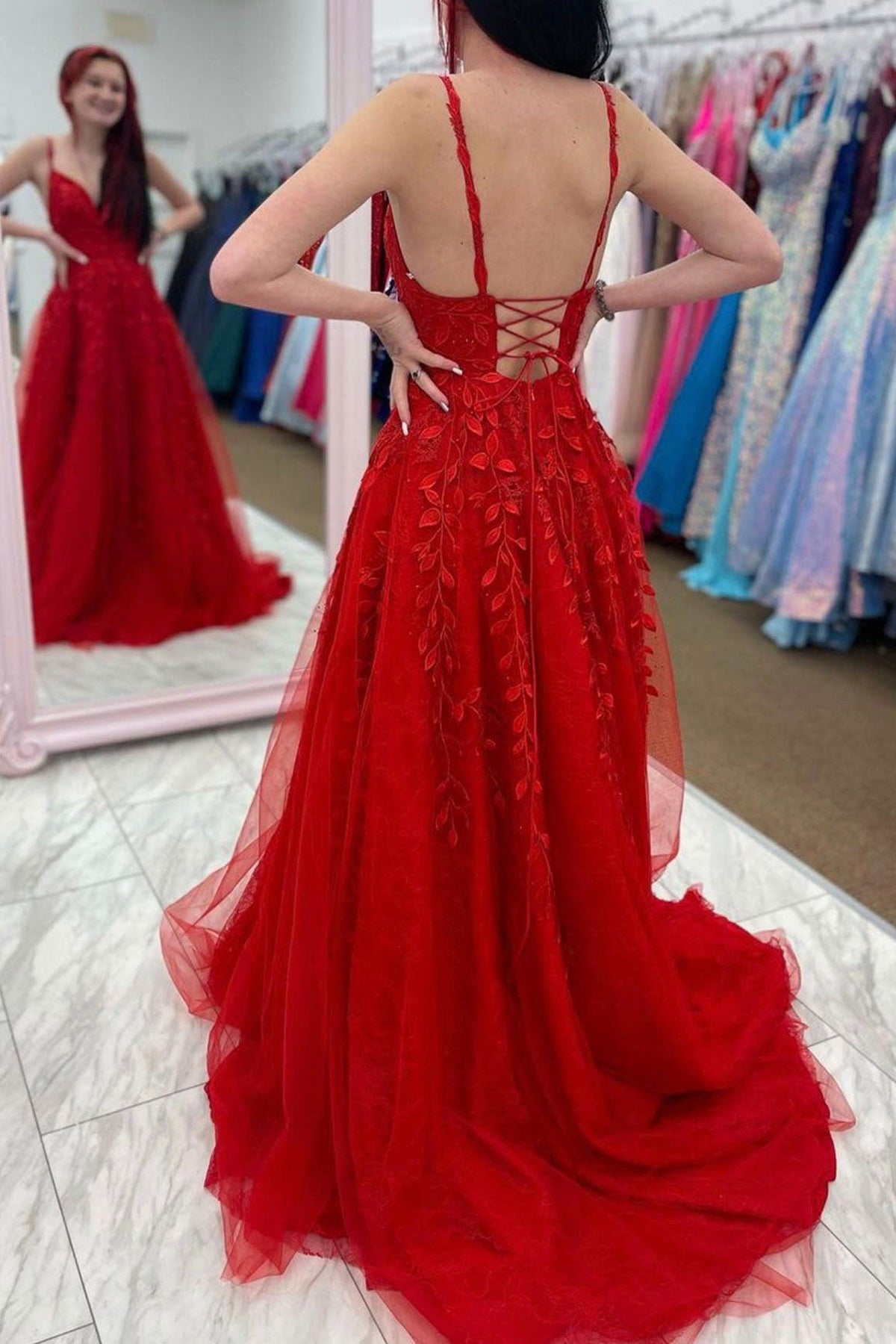 Red Lace Prom Dresses Long, Prom Dress, Dance Dresses, Graduation School Party Gown