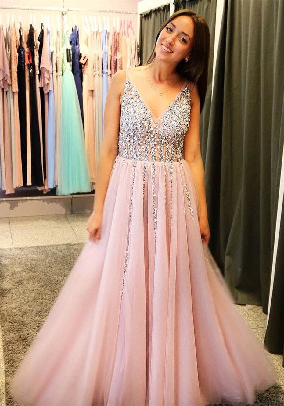 Prom Dress V Neckline, Prom Dresses, Evening Gown, Graduation School Party Dress, Winter Formal Dress