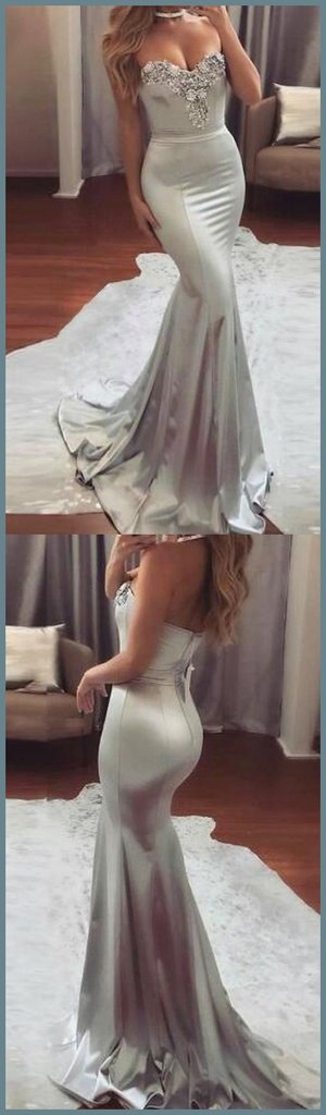 Mermaid Silver Prom Dress, Prom Dresses, Evening Gown, Graduation School Party Dress, Winter Formal Dress