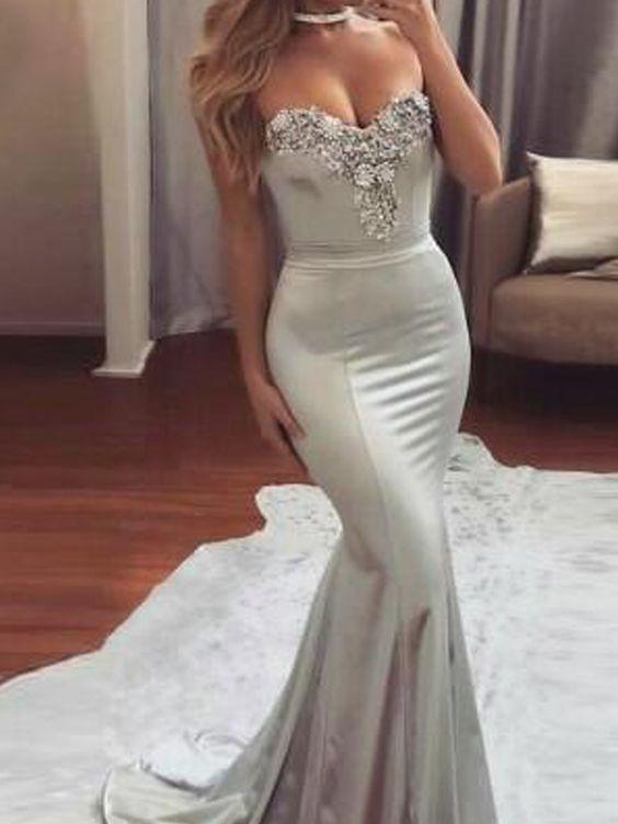 Mermaid Silver Prom Dress, Prom Dresses, Evening Gown, Graduation School Party Dress, Winter Formal Dress