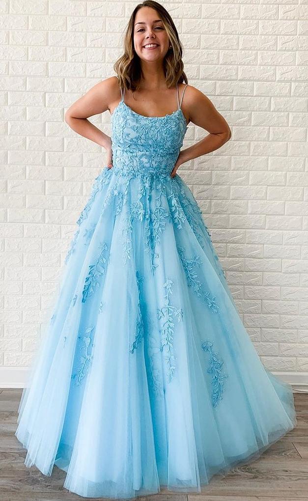 Light Blue Prom Dress with Straps, Prom Dresses, Pageant Dress, Evening Dress, Ball Dance Dresses, Graduation School Party Gown