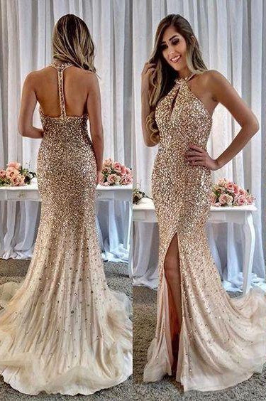 Sexy Shinning Prom Dress with Slit, Pageant Dress, Evening Dress, Dance Dresses, Graduation School Party Gown
