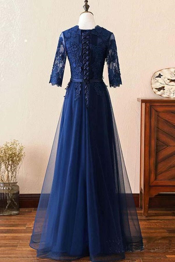 Navy Prom Dress Short Sleeves, Formal Dress, Evening Dress, Dance Dresses