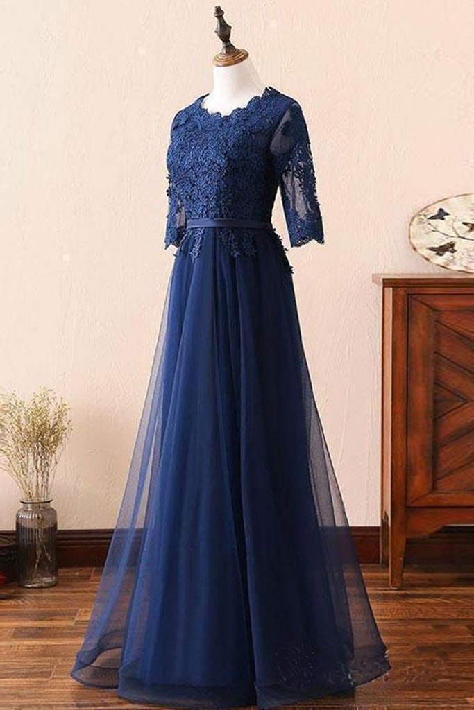 Navy Prom Dress Short Sleeves, Formal Dress, Evening Dress, Dance Dresses