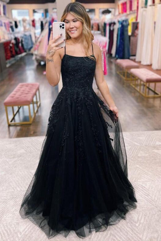 Straps Leaf Lace Black Long Prom Dresses