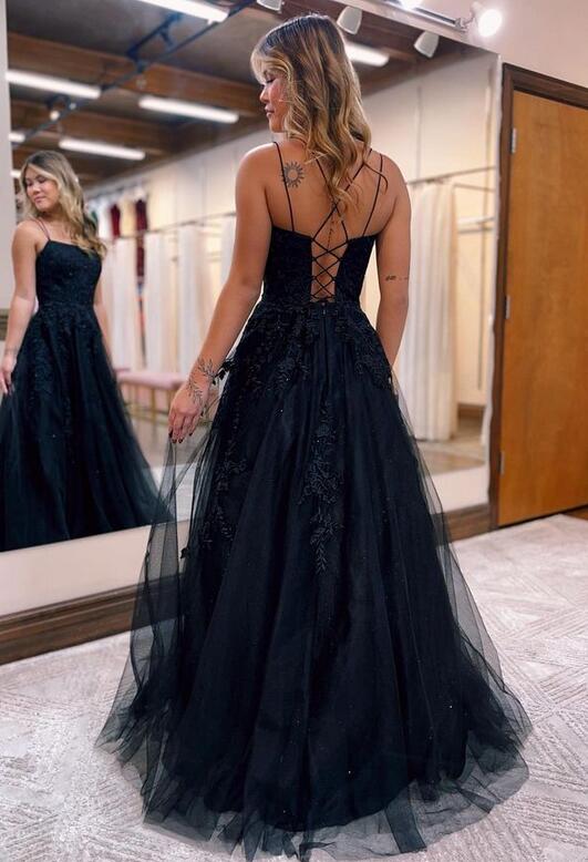 Straps Leaf Lace Black Long Prom Dresses