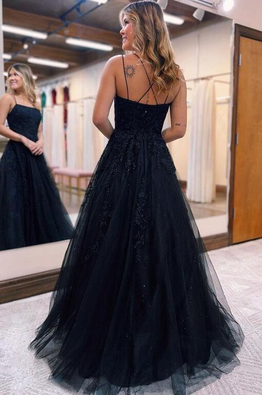 Straps Leaf Lace Black Long Prom Dresses