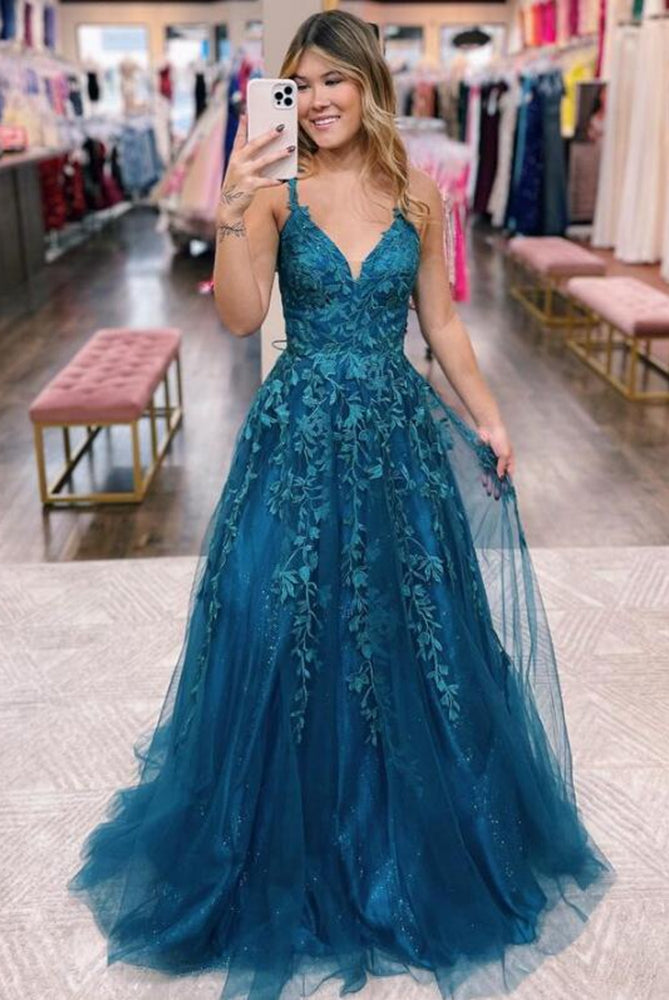 Straps Leaf Lace Long Prom Dresses