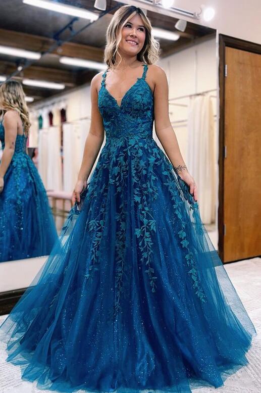 Straps Leaf Lace Long Prom Dresses