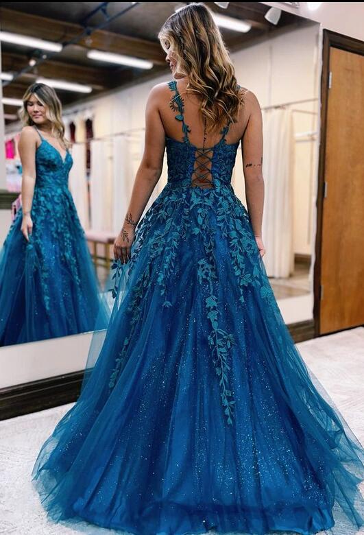 Straps Leaf Lace Long Prom Dresses